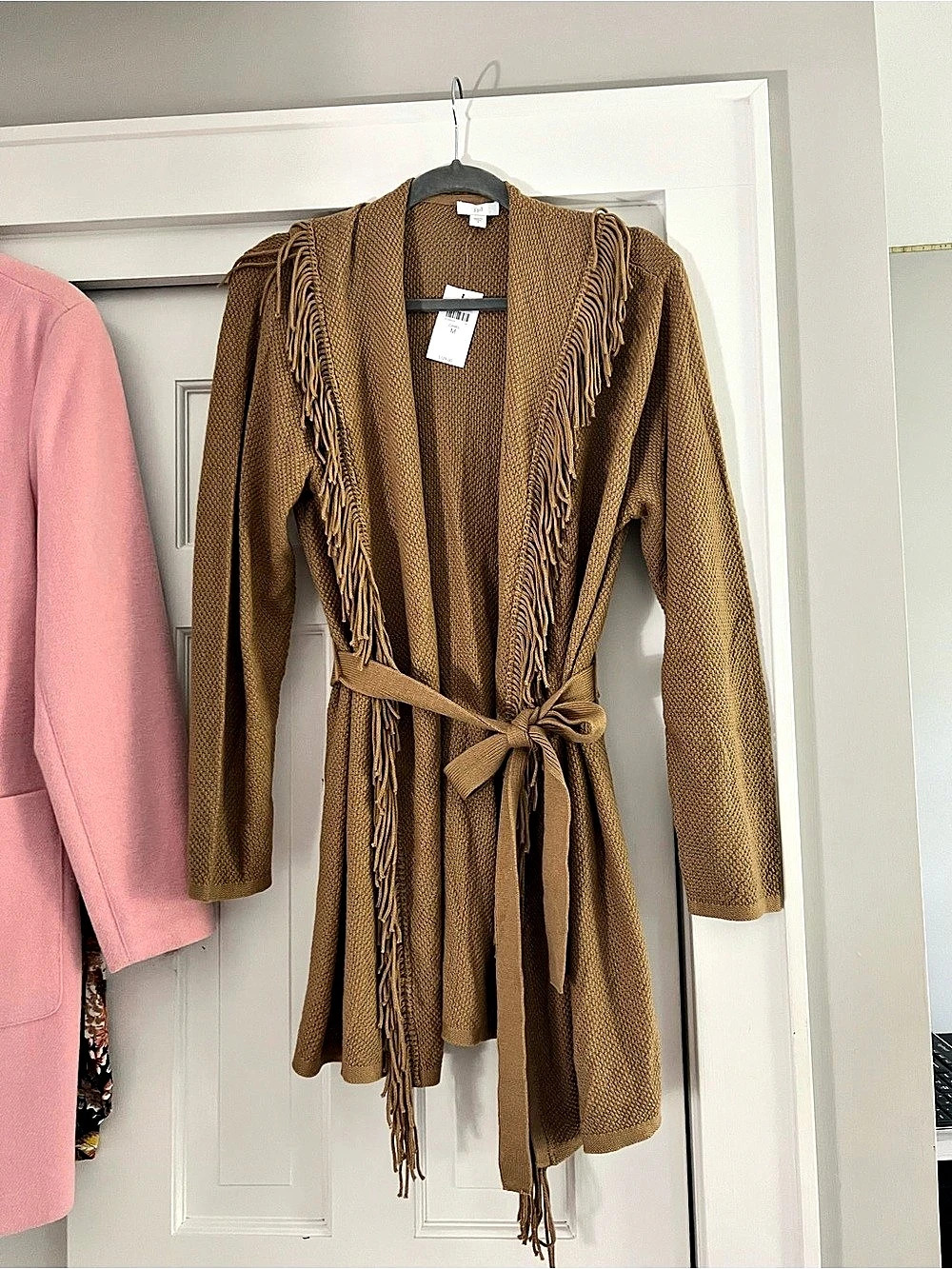 JJill Fringe Knit Belted Cardigan in Brown Size Medium NWT